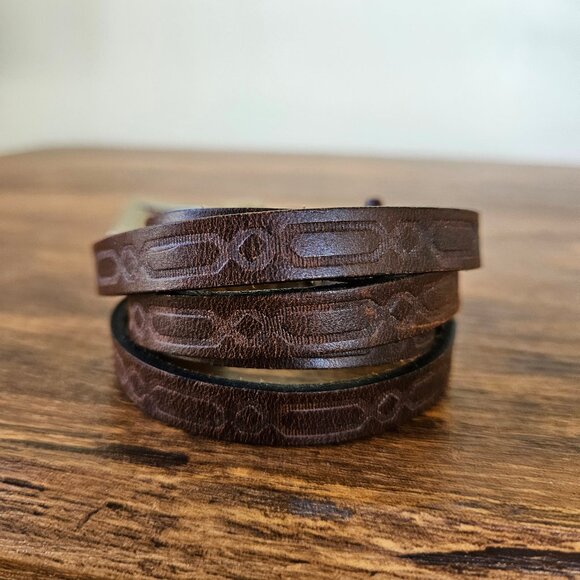 Silpada Designs Canada Thin Skinny Leather Brown Tooled Stamped Silver Belt L - Picture 5 of 9